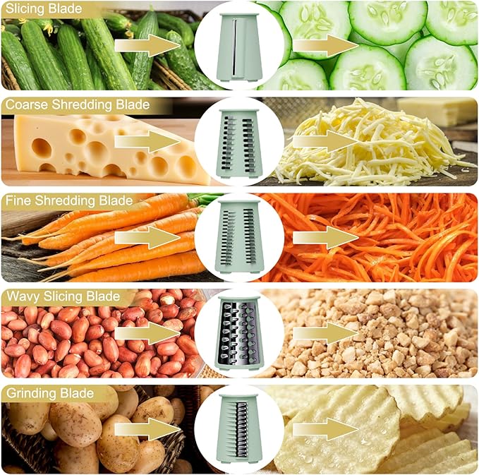 5 in 1 Cheese Grater with Rotary Hand Crank - Vegetable Chopper with Replaceable Stainless Blades, Strong Suction Base, Handle, Blade Storage Box, Easy-Clean Multipurpose Kitchen Slicer (Green)