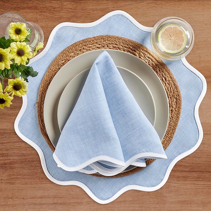 Solino Home Scallop Linen Placemats Set of 4-100% Pure Linen White and Chambray Blue Round Cloth Placemats 16 Inch for Christmas - Giselle Scallop Edge, Handcrafted and Machine Washable