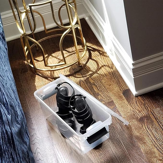 HOMZ 5-Pack Latching Lid, Clear Plastic Storage Organizer Bins, 7.5 Quart, Gray Latch - Stackable Organizing Containers for Home, Garage, and Office