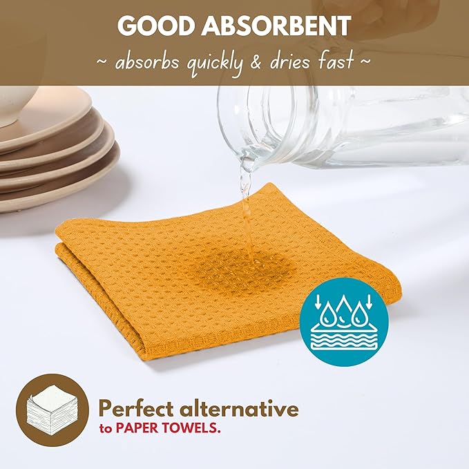 Native Fab 18 Pack Waffle Dish Cloths - 100% Cotton, Absorbent, Quick Drying, Washable Towels for Cleaning, Cooking, Baking - Great for Home, Restaurants, Bars & Cafes - 12 x 12 inch, Mustard Yellow