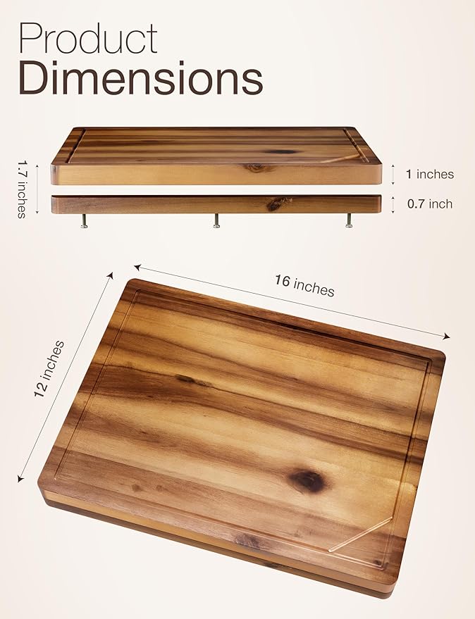 16” Acacia Wood Cutting Board and Chopping Board with Handles - Wooden Cutting Boards for Kitchen Counter - Cheese Board and Charcuterie Board - Serving Board With Counter Lip - No Assembly