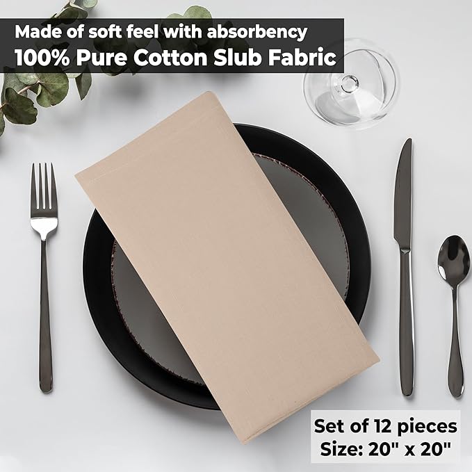 Urban Villa Dinner Napkins Solid Taupe Color Cloth Napkins (Set of 12) Oversized 20x20 Inches 100% Cotton Slub Premium Quality Soft Durable Mitered Corners Reusable Washable Everyday Use Napkins