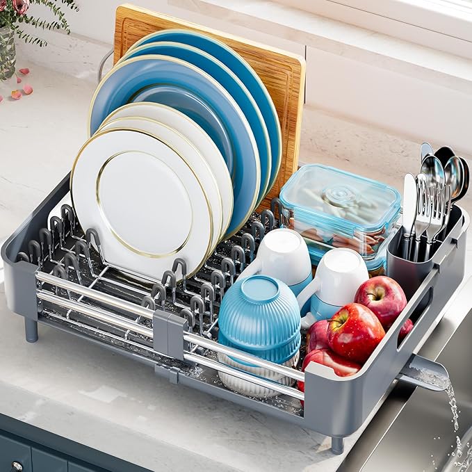 Dish Drying Rack for Kitchen Counter, Extendable Dish Rack with Drainboard, Collapsible Dish Drainer, Expandable Dish Strainer with Cutlery Holder, Foldable Home Countertop Plate Storage Rack, Gray