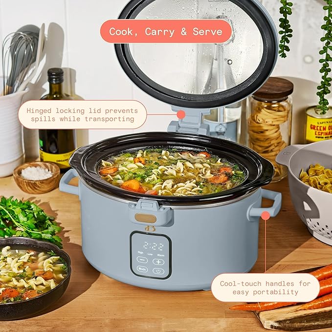 Beautiful 4-Qt Programmable Slow Cooker with Hinged Locking Lid & Touch Display – 3 Heat / 4 Timer Settings (Cornflower Blue)