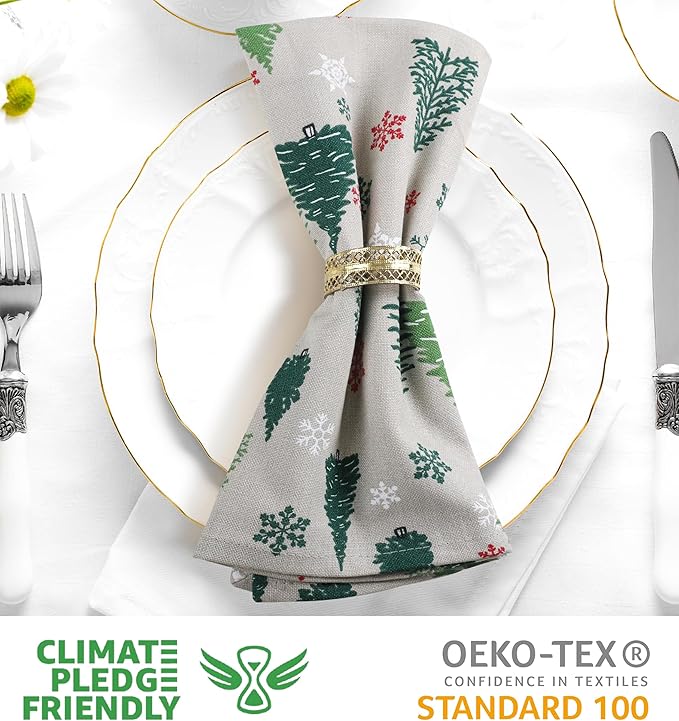 Urban Villa Christmas Cloth Napkins Green Trees Print Set of 12 100% Cotton Absorbent Dinner Napkins (20X20 Inches)Over Sized Soft Durable Reusable Washable Ideal for Home Wedding Parties Everyday use