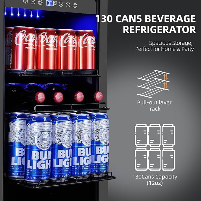 15 Inch Beverage Refrigerator, 130 Cans Drink Fridge with Glass Door & Lock, Upgraded Compressor, Low Noise, Built-in or Freestanding Cooler for Soda, Beer, Water, Black