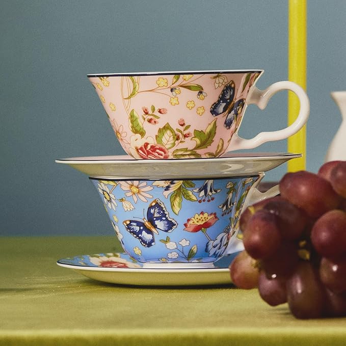 Aynsley Cottage Garden Windsor Fine Bone China English Tea Cup and Saucer Set, 7.4 oz(Pink)