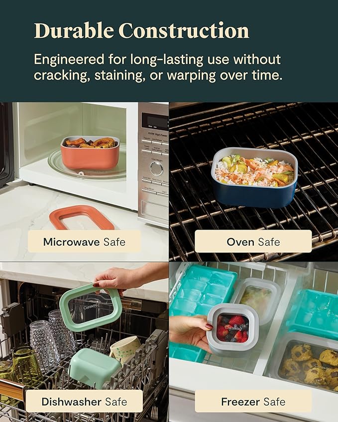 Caraway Mini Square Food Storage Container - 1.75 Cup Glass Storage Container for Food - Non-Toxic Ceramic-Coated Glass - Air Release Technology - Compact & Stackable Design - Cream