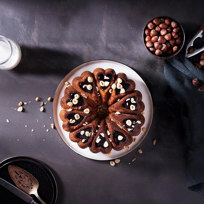 Heart Shape Aluminum Cake Pan, Titanium Coating, Non-Stick, 12 Cups, Gifts for Mom, 10 Inch Baking Mold, Cast Aluminum Fluted Tube Pan, Easy to Clean (2-Pack, Red-Gold)