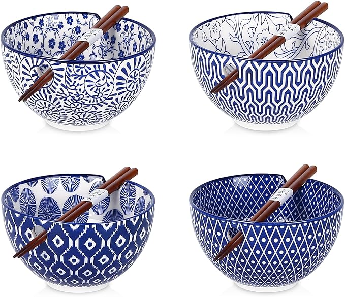 Selamica Ceramic Ramen Bowls Set, 15 OZ Noodle Bowls for Kitchen with Chopsticks, Deep Soup Bowls for Japanese Ramen Udon Soba, Microwave Dishwasher Safe, Set of 4, Vintage Blue