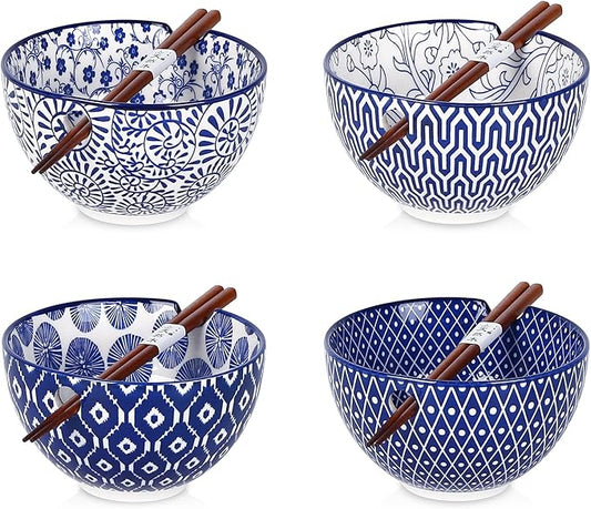 Selamica Ceramic Ramen Bowls Set, 15 OZ Noodle Bowls for Kitchen with Chopsticks, Deep Soup Bowls for Japanese Ramen Udon Soba, Microwave Dishwasher Safe, Set of 4, Vintage Blue