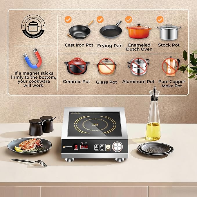 Commercial Induction Cooktop 3500W/220V, Professional Portable Countertop Burner, 9 Power/Temp Levels Dual Cooling Fans IPX4 Waterproof 72H Continuous Use, Overheat Protection