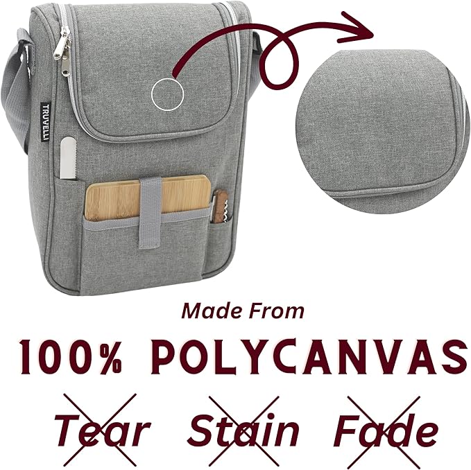 Truvelli Insulated Wine Tote Bag: Portable 2 Bottle Cheese Waterproof Black Canvas Carrier Picnic Kit - Stopper Attachment, Plus Wooden Charcuterie Board