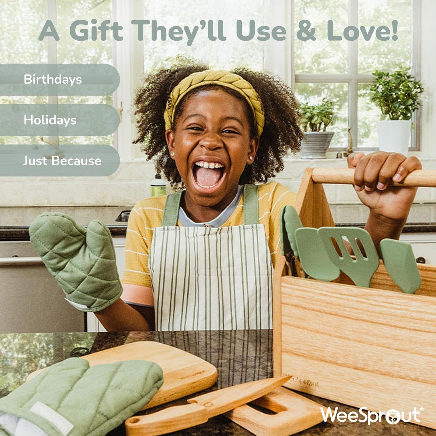 WeeSprout Little Chef Kids Cooking & Baking Set, 14 Piece Cooking Set with Real Kitchen Tools & Kids Apron, Baking Gift for Girls, Boys & Junior Chefs, Food Grade Materials, Choice of Colors