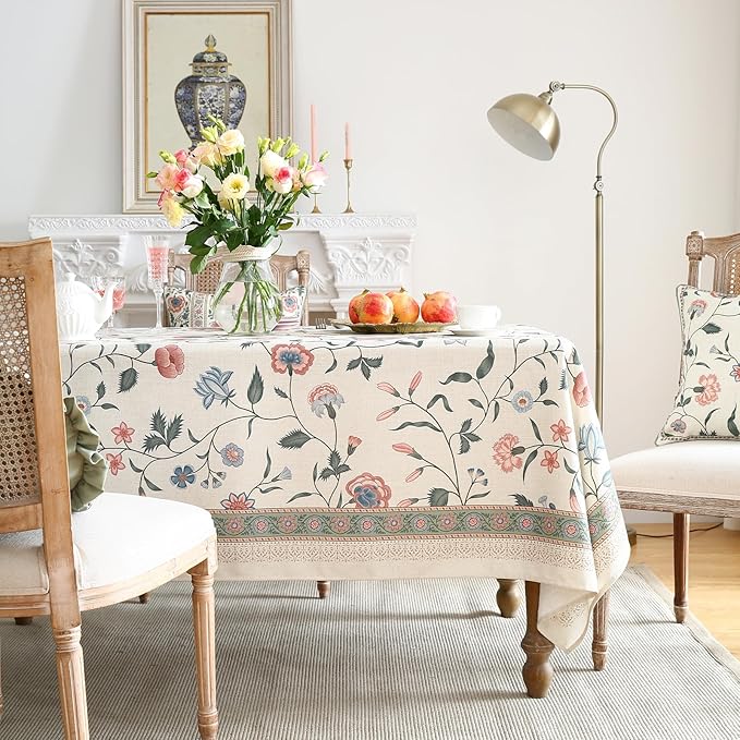 French Tablecloth, Linen/Polyester Blend, Rectangular, 79" x 55", Pink, Floral Pattern, Hand-Painted Design, Dining Table Cover