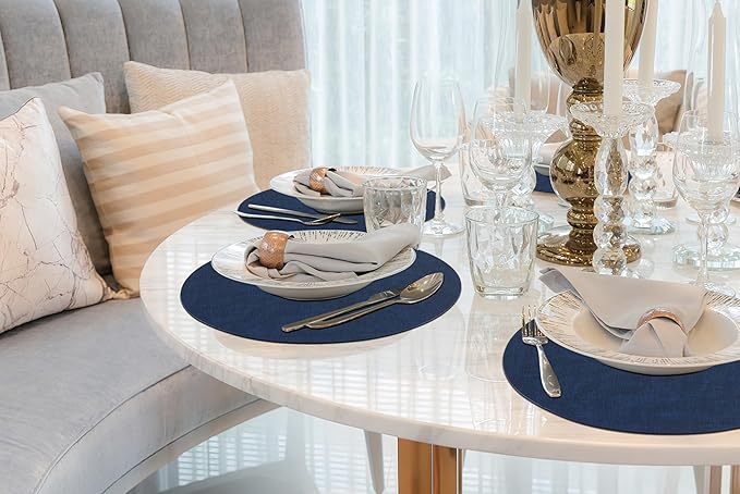 homing Round Faux Leather Placemat and Coaster 8 Packs, Washable Heat Resistant Dining Place Mats, Wipeable Double-Sided Table Mats for Indoor and Outdoor, Diameter 13 and 3.93 inch, Navy