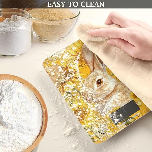 Yellow Sunflowers Bunny Food Scale Kitchen Digital Scale Food Ounces and Grams Dieting Baking Cooking Waterproof Glass Panels LCD Display,4 Units Tare Function