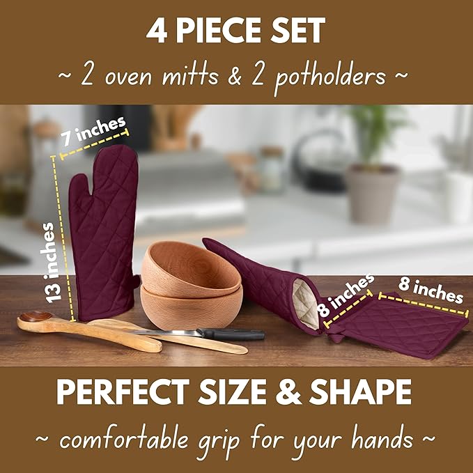 Native Fab 4 Piece Set - 2 Oven Mitts & 2 Potholders, Heat Resistant, 100% Cotton, Quilted Design, Non-Slip Grip, Machine Washable, Ideal for Baking, Cooking, BBQ, Kitchen Protection - Burgundy Wine
