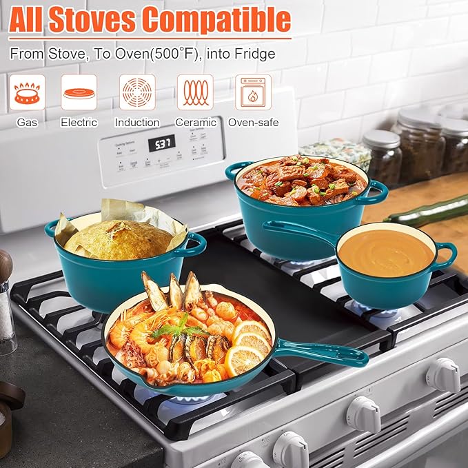 QuliMetal Nonstick Enameled Cast Iron Cookware Set, 7Pcs Pots and Pans with Lid, Frying Pan Skillet, Saucepan, Healthy Dutch Oven for Sourdough Bread Baking, Oven Safe up to 500° F or on All Stovetop