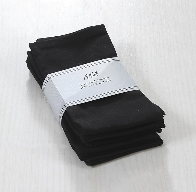 ANA Cloth Napkins Set of 12 (17.5x17.5) inch 100% Cotton Dinner Napkin Washable Hotel Quality Reusable Kitchen & Table Linen for Fall Thanksgiving Family Dinners Weddings & Everyday Use - Black