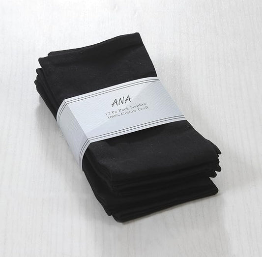 ANA Cloth Napkins Set of 12 (17.5x17.5) inch 100% Cotton Dinner Napkin Washable Hotel Quality Reusable Kitchen & Table Linen for Fall Thanksgiving Family Dinners Weddings & Everyday Use - Black