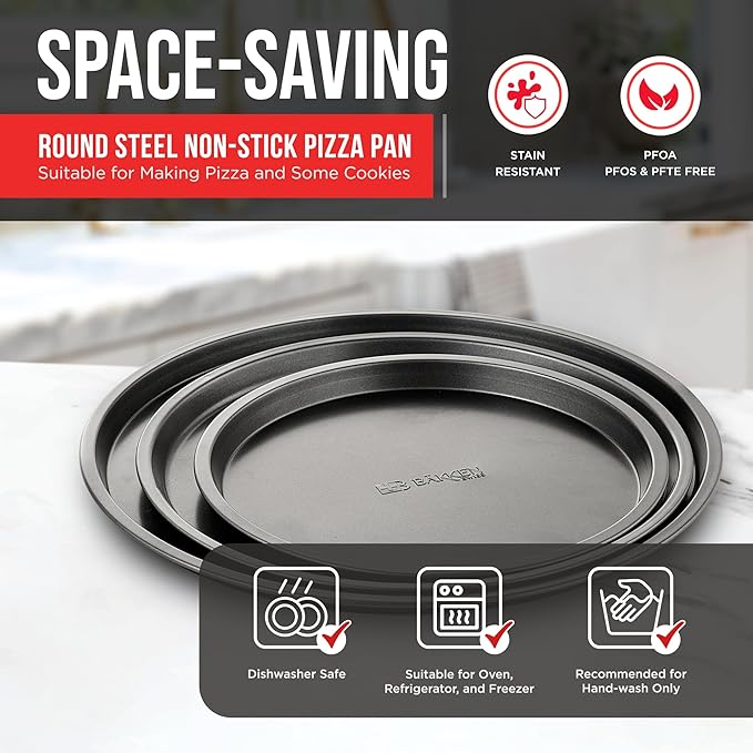 Bakken Swiss Pizza Tray Set 3-Piece – Gray Coating, Non-Stick, Round Steel Pizza Pans - Dishwasher Safe, Premium Bakeware for Home Cooking