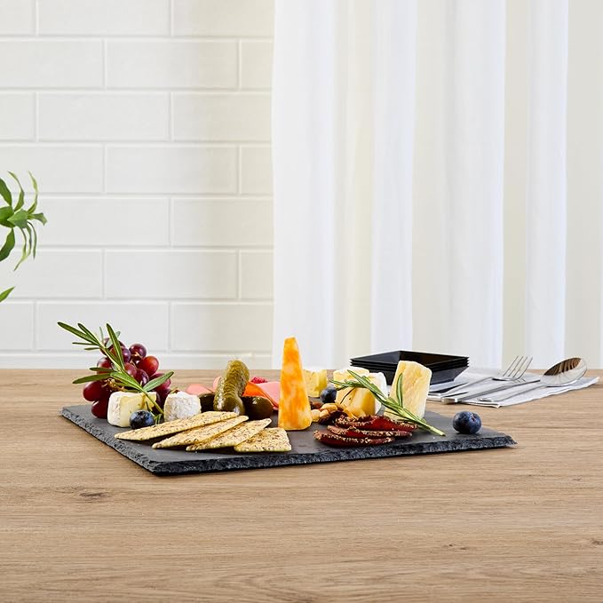 Restaurantware Slate Serving Trays 4 Pack of 12 x 12" Foam Feet Charcuterie Stone Plates Rustic Edges Freezable Black Square Serving Display Cheese Boards for Kitchen, Gourmet, Dining, Parties