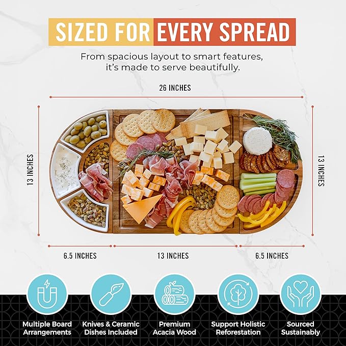 Large Wooden Charcuterie Board Set (Oil Finish) - 3-Piece Magnetic Long Serving Board Tray with Charcuterie Accessories - Acacia Wood Cheese Platter with Cheese Knife Set & Ceramic Dishes - Brown