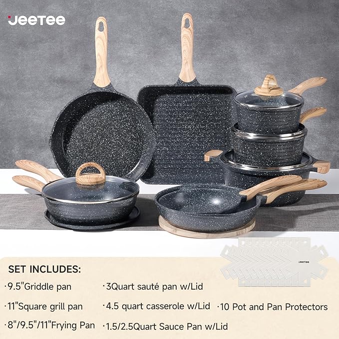 JEETEE Pots and Pans Set Non Stick 23pcs, Healthy Kitchen Cookware Sets, Induction Cooking Set W/Gray Frying Pans, Saucepans, Sauté & Griddle & Crepe Pan (PFOA, PFAS, PFOS Free)