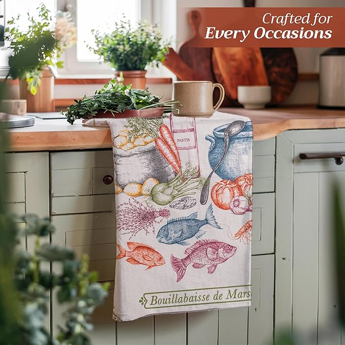 Maison d' Hermine Kitchen Towels Set of 3 100% Cotton 27.50" x 20" Reusable Cloth Tea Dish Towels Absorbent with Hanging Loop for Kitchen, Home, Dining, Cocktail Parties Spring/Summer (Gastronomie)