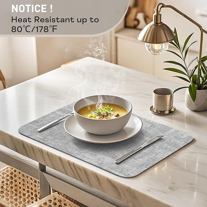 Vinly Placemats Set of 6 - Waterproof Wipeable Faux Leather Table Place Mats Heat Resistant Anti Slip Table Mats for Dining, Indoor, Outdoor, 15.8" x 11.8" (Light Grey)