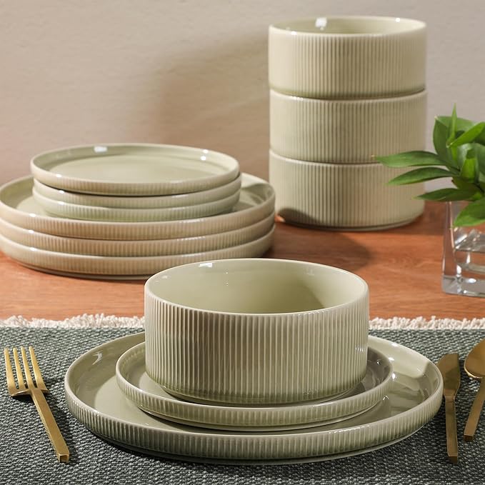 Gibson Elite Solana Coast 12 Piece Stoneware Reactive Glaze (Service for 4) Ceramic Plates and Bowls Modern Shape Embossed Dinnerware Set - Green