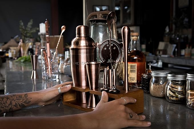 Mint & Mortar Cocktail Shaker Set, 7-Piece Bartender Kit with Stand, 24oz Martini Shaker Bottle Stainless Steel Bar Tools, Home Bar Accessories Drink Mixer, Barware Gift Set - Brushed Copper