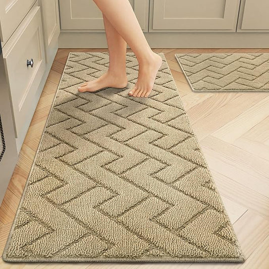 hicorfe Kitchen Rugs and Mats Sets,2 Pieces Super Absorbent Polypropylene Non-Slip Rug,Soft Comfort Floor Mat,Machine Wash for Kitchen,Hallway,Office,Sink,Laundry(20" x 31.5" Plus 20" x 48",Beige