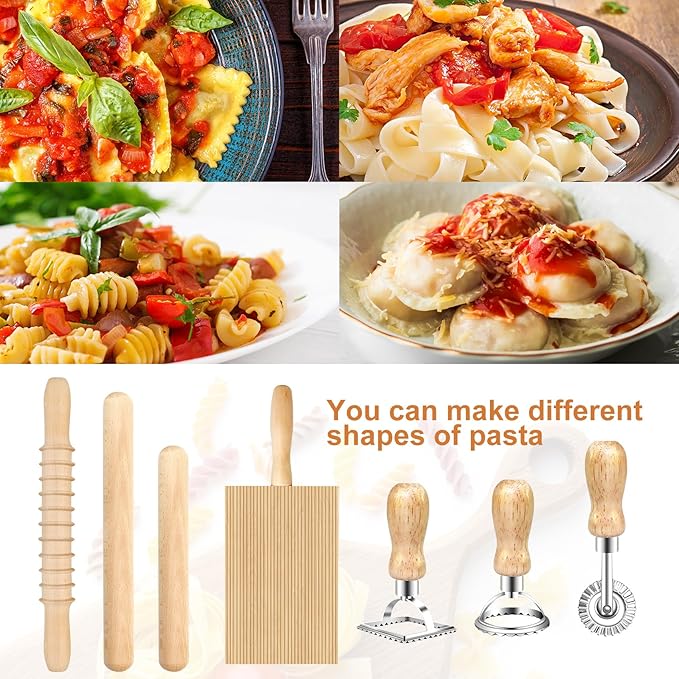 Pasta Making Tools Set, Pasta Making kit Includes 12 Pcs Pasta Making Tools Pasta Making Accessories Wooden Pasta Roller