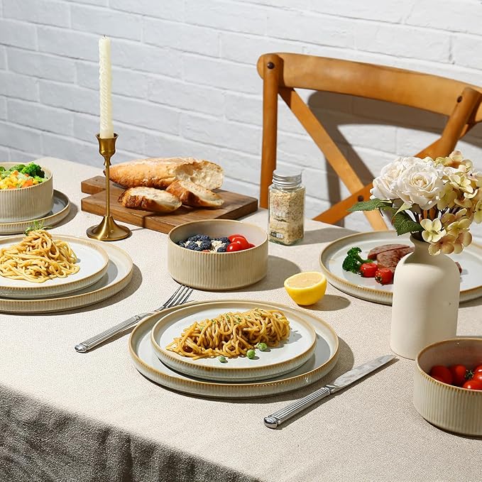 MONITO Ceramic Dinnerware Sets for 4, 12PCS Stoneware Plates and Bowls Sets, Reactive Glaze Dish Set, Chip and Scratch Resistant Double, Microwave and Dishwasher Safe, Beige