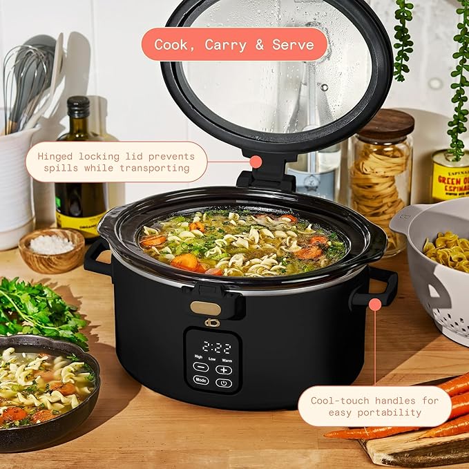 Beautiful 4-Qt Programmable Slow Cooker with Hinged Locking Lid & Touch Display – 3 Heat / 4 Timer Settings (Black Sesame)