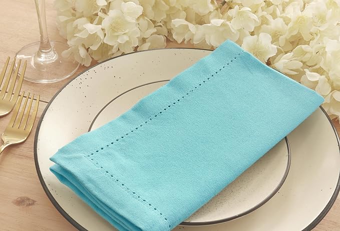 PurpleEssences Set of 12 Hemstitch Cloth Dinner Napkins 100% Cotton - Soft Durable Washable - Ideal for Wedding Fall Thanksgiving - Perfect Everyday Use Table Linen 18x18 - Aqua Blue