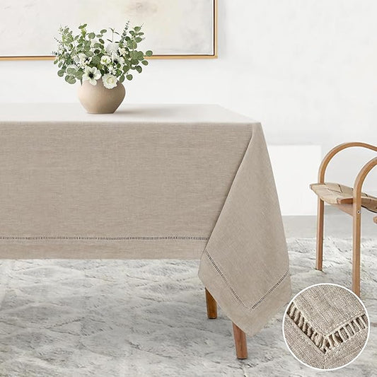 Linen World Hemstitch Linen Tablecloth, French Linen Natural Tablecloth 55" x 55" Inch, Washable Square Table Cloth for Dining, Outdoor, Weddings and Restaurants, Decorative Valentine Easter