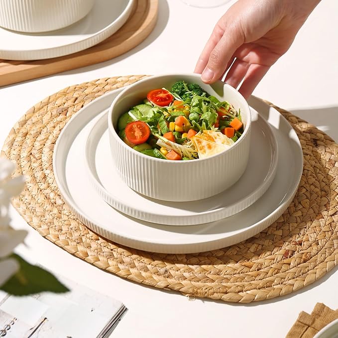 MONITO Ceramic Plates and Bowls Sets for 4, 12PCS Stoneware Dinnerware Sets, Reactive Glaze Dish Set, Chip and Scratch Resistant Double, Microwave and Dishwasher Safe,White