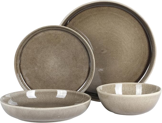 Gibson Elite Berea 16 Piece (Service for 4) Plates and Bowls Reactive Glaze Round Dishes Stoneware Ceramic Dinnerware Set -Taupe