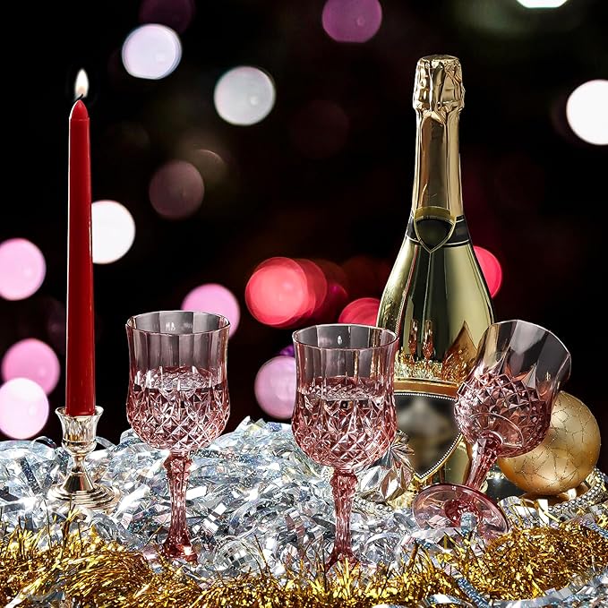 XUWAIDSGN 48 Pcs 7oz Plastic Vintage Wine Glasses Drinking Glasses Unbreakable Wedding Glassware Crystal Water Goblets Reusable Drinkware Vintage Champagne Flutes (48, Rose Gold)