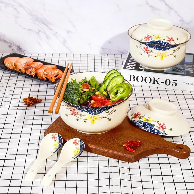 Ceramic Ramen Bowl Set, 800ml, with Lid, Spoon and Chopsticks, Japanese Vintage Large Soup Bowls Instant Noodle Bowl Asian Tableware (Fish*2)