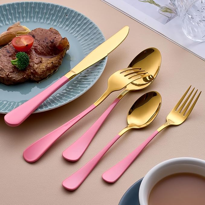20-Piece Gold & Pink Silverware Set for 4, 18/0 Stainless Steel Flatware Cutlery Utensils Set, Includes Dinner Knives, Forks, Spoons, Salad Forks, Teaspoons, Dishwasher Safe