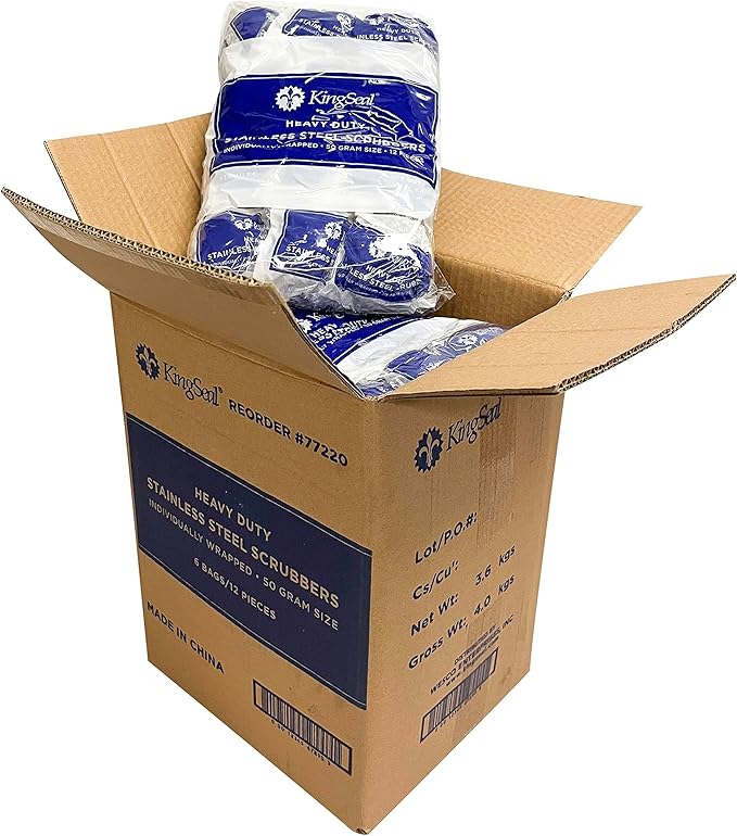 72 Count | KingSeal Stainless Steel Scrubbers, Scrub Pads, Heavy Duty, 50 gram Weight, Individually Wrapped - 6 Packs of 12 Scrubbers