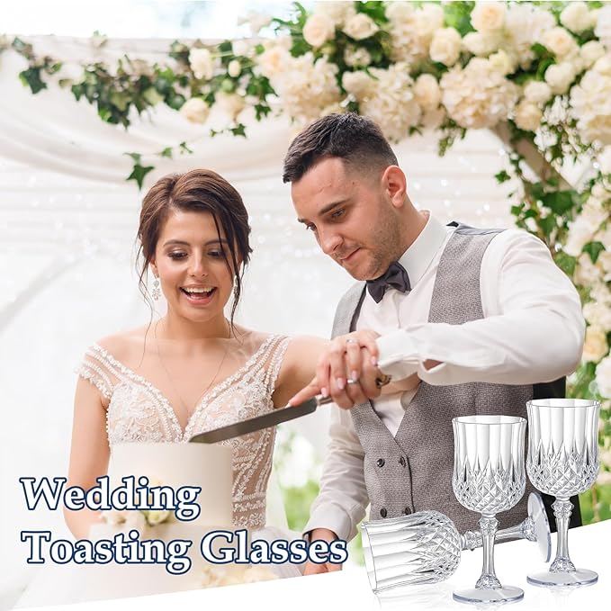 XUWAIDSGN 48 Pcs 7oz Plastic Vintage Wine Glasses Drinking Glasses Unbreakable Wedding Glassware Crystal Water Goblets Reusable Drinkware Vintage Champagne Flutes (48, Clear)