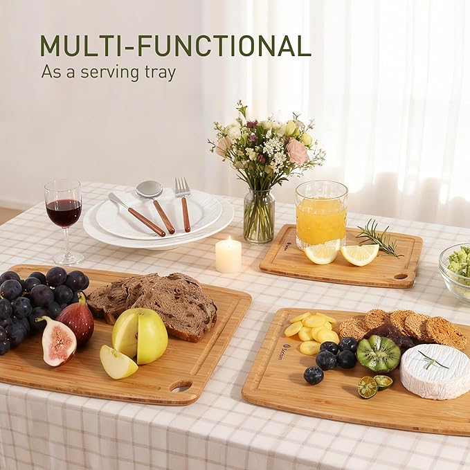Lightweight Durable Bamboo Cutting Board Set with Non-Slip Feet, Wood Cutting Board for Busy Kitchen, Easy Clean Wooden Chopping Boards with Juice Groove Best House Warming Gift Set of 3 (S+M+L)