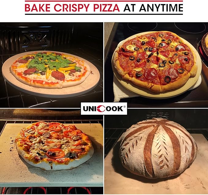 Unicook 16 Inch Round Pizza Stone, Heavy Duty Cordierite Bread Baking Stone for Oven and Grill, Thermal Shock Resistant, Ideal for Baking Crisp Crust Pizza, Bread and More, Includes Scraper