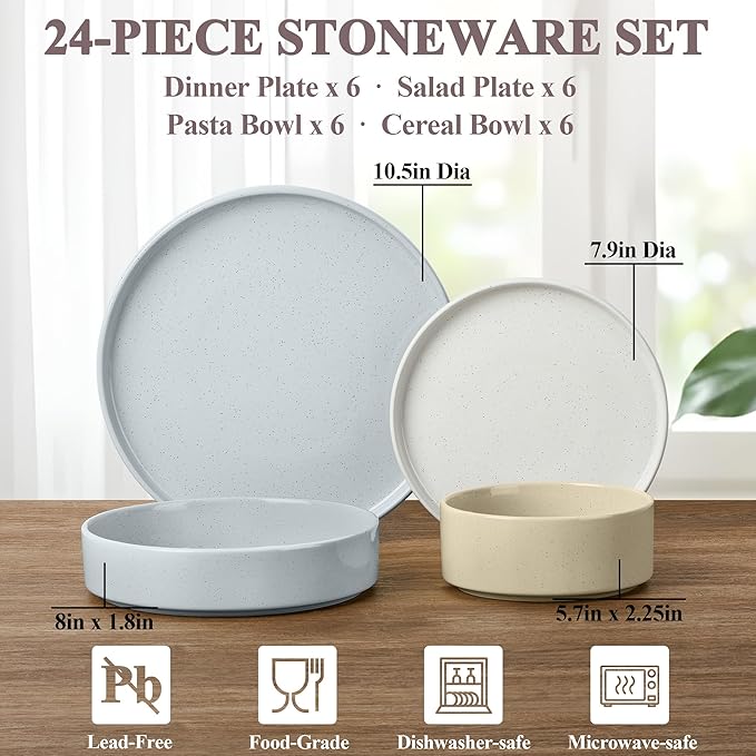 Herogo Dinnerware Dishes Sets with Salad Bowls, 24 Piece Plates and Bowls for 6, Ceramic Stoneware for Kitchen, Chip & Scratch Resistant Dinner Ware, Speckled Multicolor