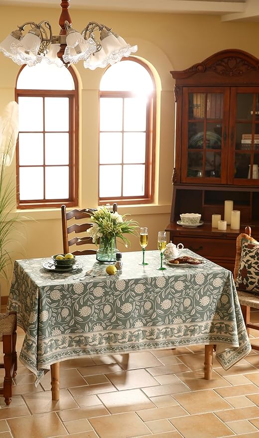 Grayish Green Tablecloth for Rectangular Tables,Linen Table Cloth with Light White Flowers Pattern,Durable Table Cover for Dining Thanksgiving Kitchen Party Banquet Christmas,55"*71"